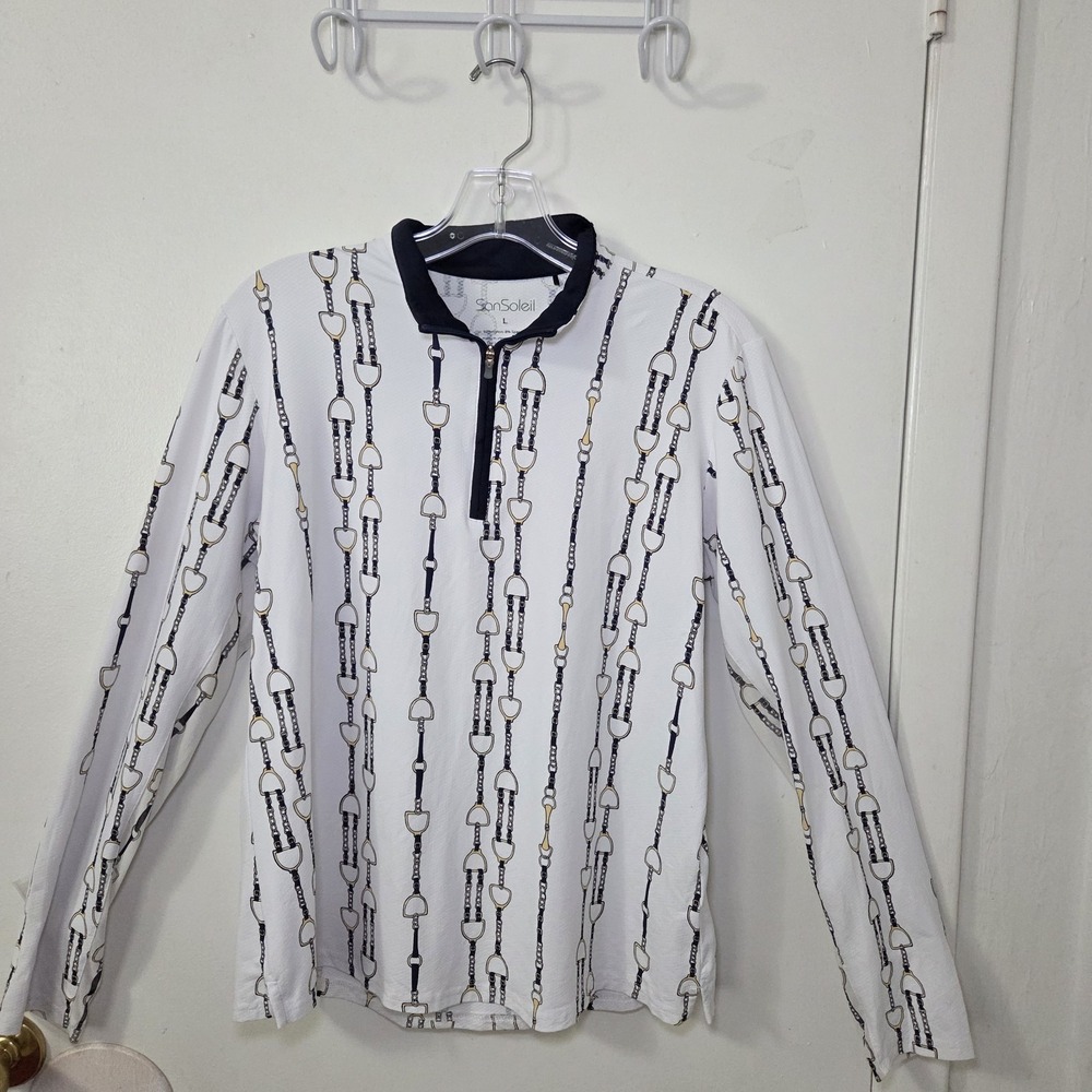 SanSoleil UV 50+ Cooling Shirt Women Large Equestrian Bit Print Quarter Zip Golf
